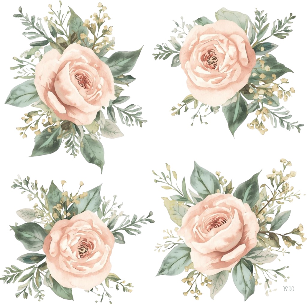 アンティーク水彩フラワークリップアート10種セット(ロマンティック・淡い色・透過PNG)