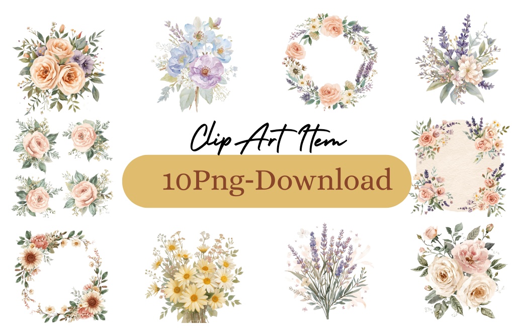 アンティーク水彩フラワークリップアート10種セット(ロマンティック・淡い色・透過PNG)