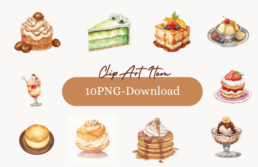 【カフェデザート・水彩クリップアートセット　10点】アンティーク可愛いレトロスイーツ／背景透過PNG