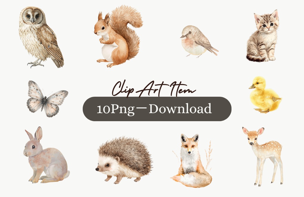 水彩ヴィンテージ動物クリップアート10点セット｜アンティーク風・背景透過PNG｜Canva対応