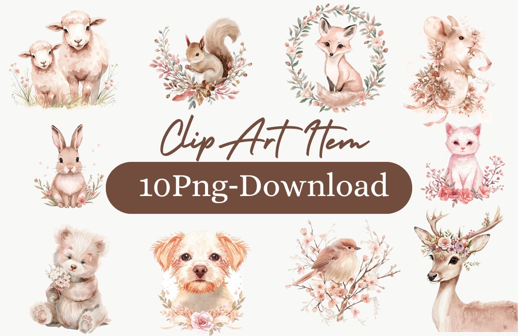水彩ピンクアンティーク動物クリップアート素材集|背景透過PNG|可愛いイラスト