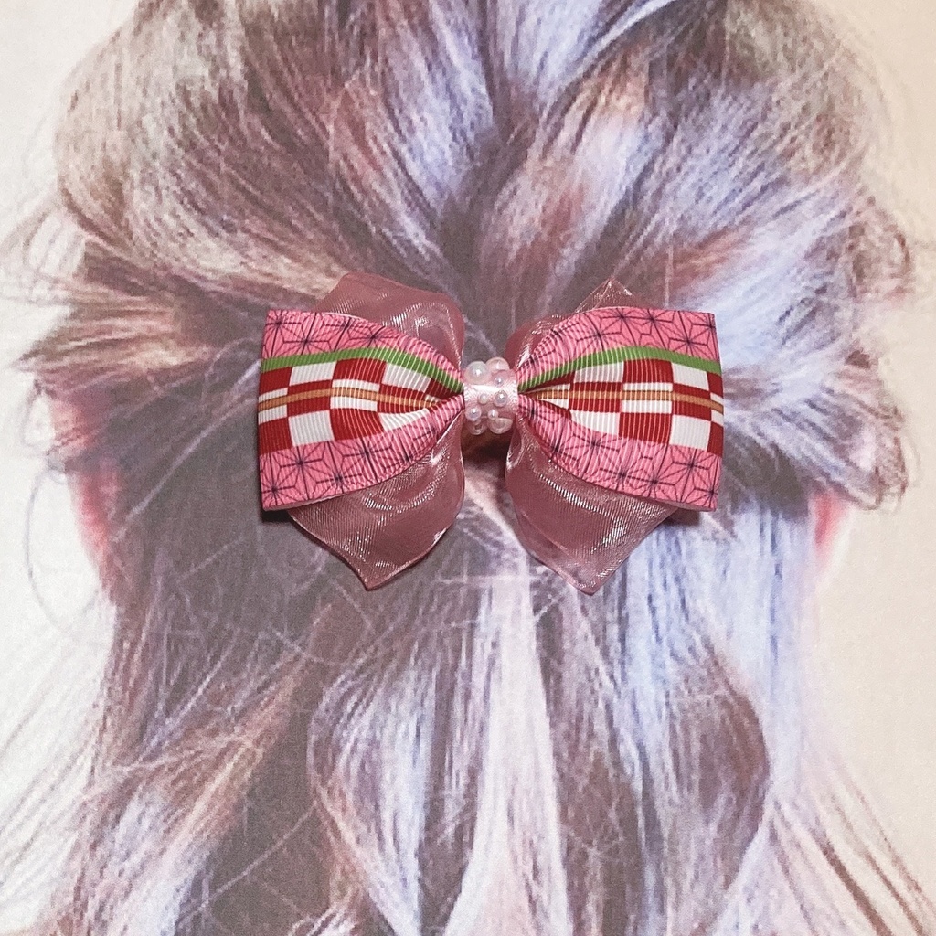 繰り返し使える!きれい かわいい ♪ オーガンジー と 和柄 リボン の キッズ ヘアゴム ヘアクリップ 麻の葉 ピンク