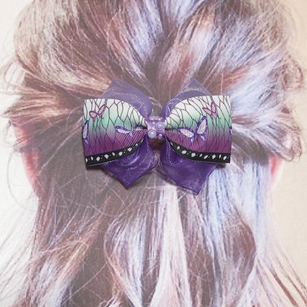 繰り返し使える!きれい かわいい ♪ オーガンジー と 和柄 リボン の キッズ ヘアゴム ヘアクリップ 蝶々 パープル