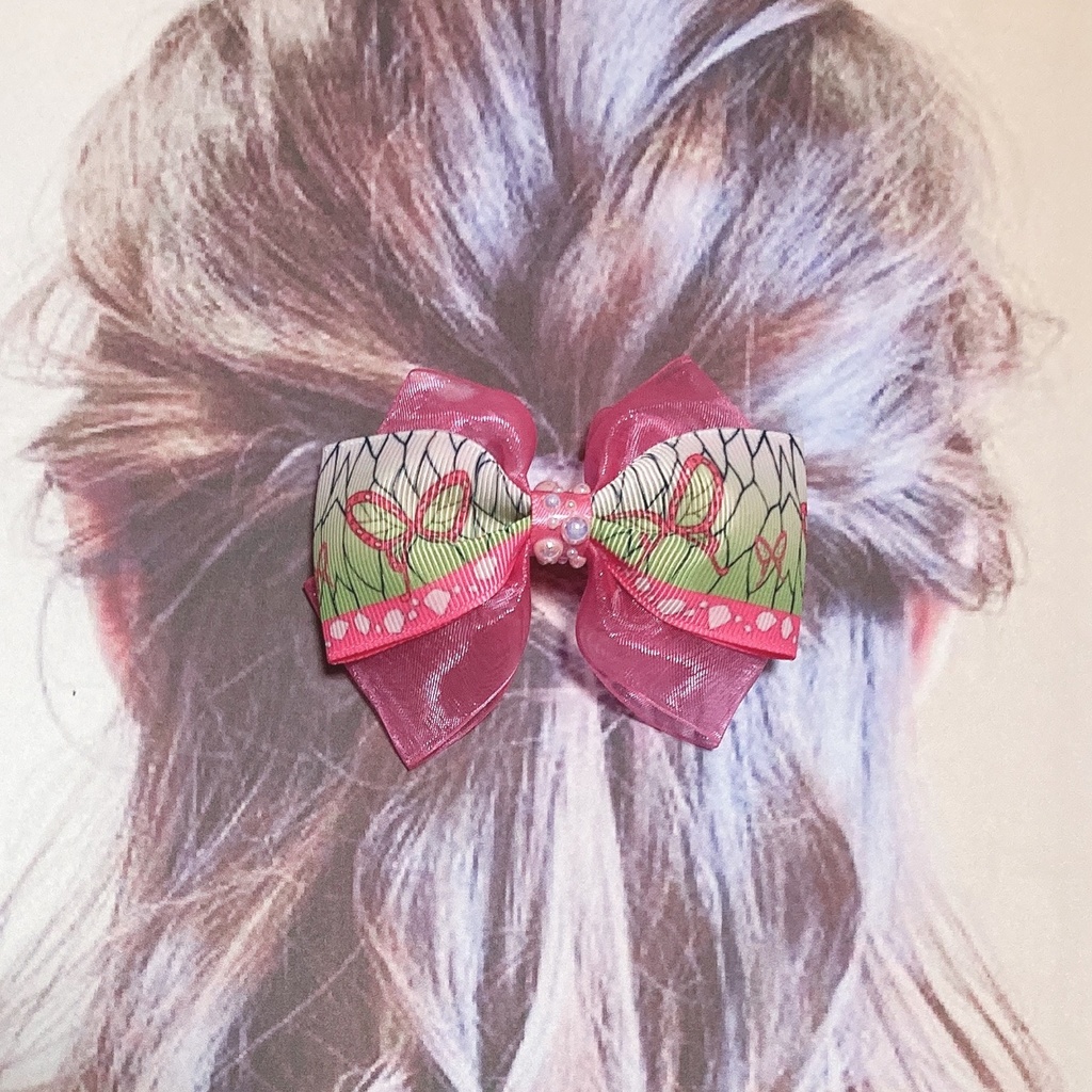 繰り返し使える!きれい かわいい ♪ オーガンジー と 和柄 リボン の キッズ ヘアゴム ヘアクリップ 蝶々 ピンク