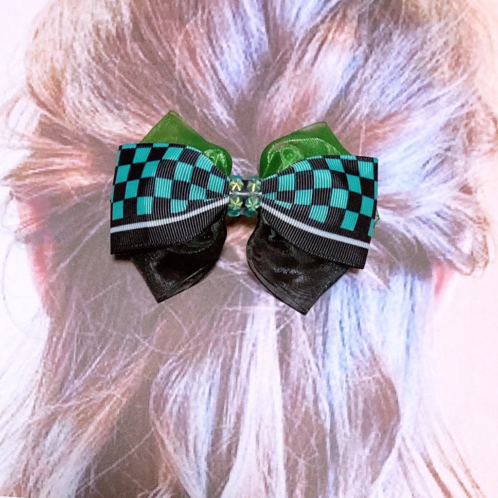 繰り返し使える!きれい かわいい ♪ オーガンジー と 和柄 リボン の キッズ ヘアゴム ヘアクリップ 市松