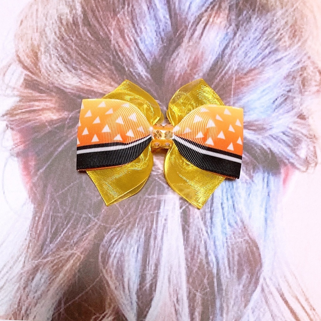 繰り返し使える!きれい かわいい ♪ オーガンジー と 和柄 リボン の キッズ ヘアゴム ヘアクリップ 鱗柄 黄色