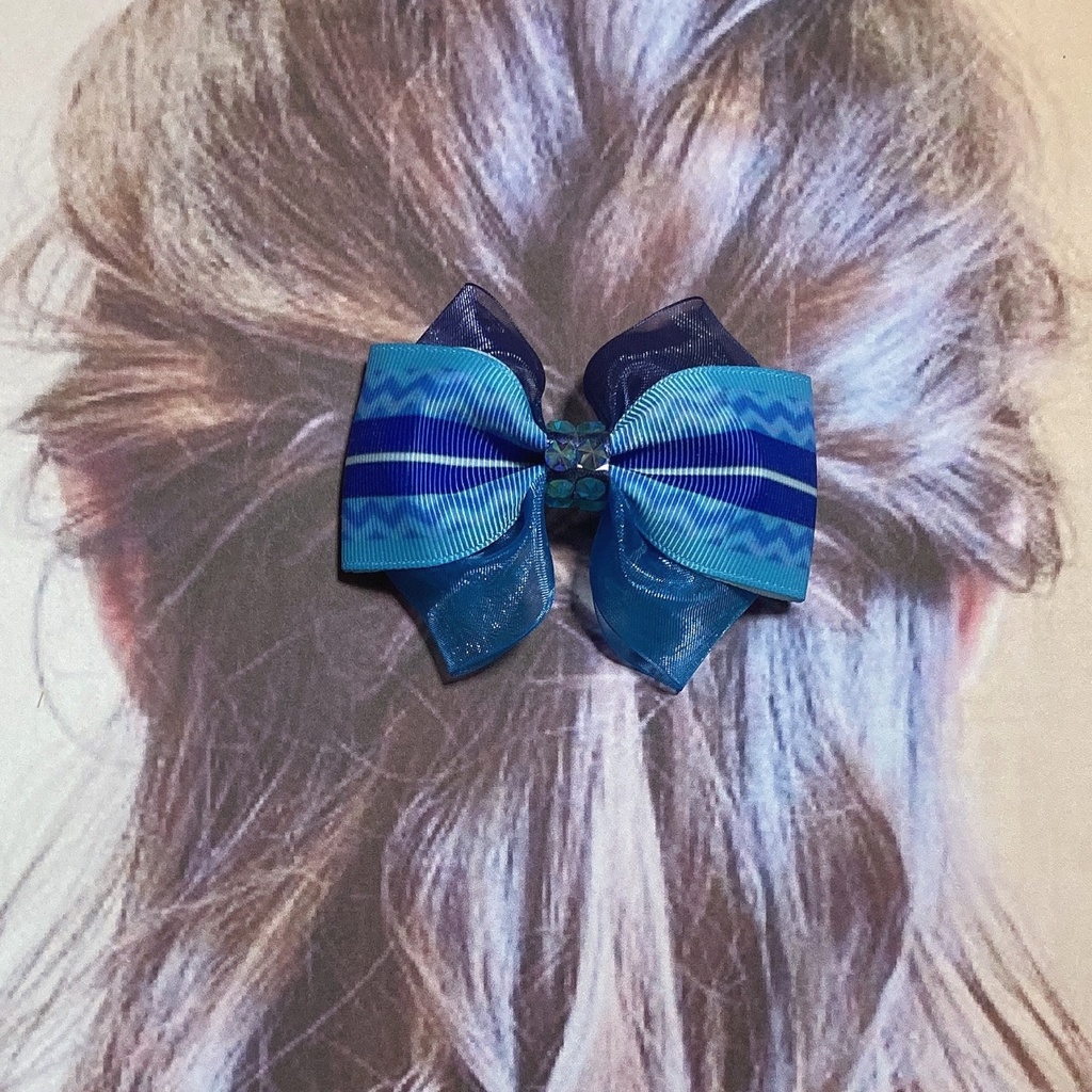 繰り返し使える!きれい かわいい ♪ オーガンジー と 和柄 リボン の キッズ ヘアゴム ヘアクリップ 波模様 青