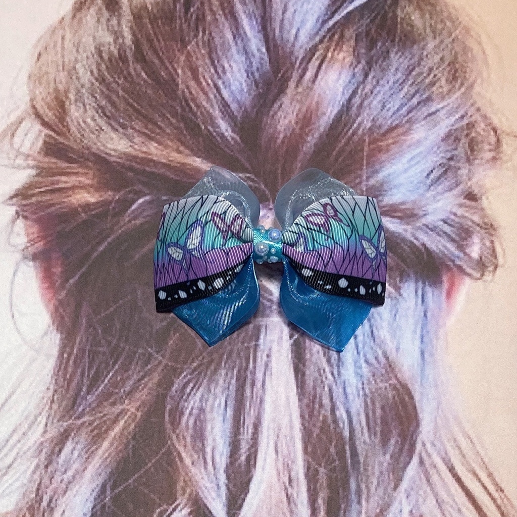 繰り返し使える!きれい かわいい ♪ オーガンジー と 和柄 リボン の キッズ ヘアゴム ヘアクリップ 蝶々 青