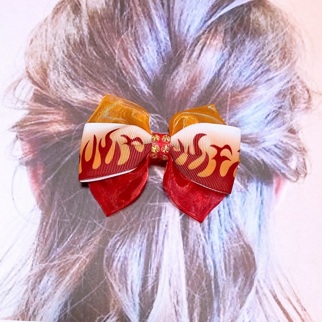 再販♪ 繰り返し使える!きれい かわいい ♪ オーガンジー と 和柄 リボン の キッズ ヘアゴム ヘアクリップ 炎 レッド
