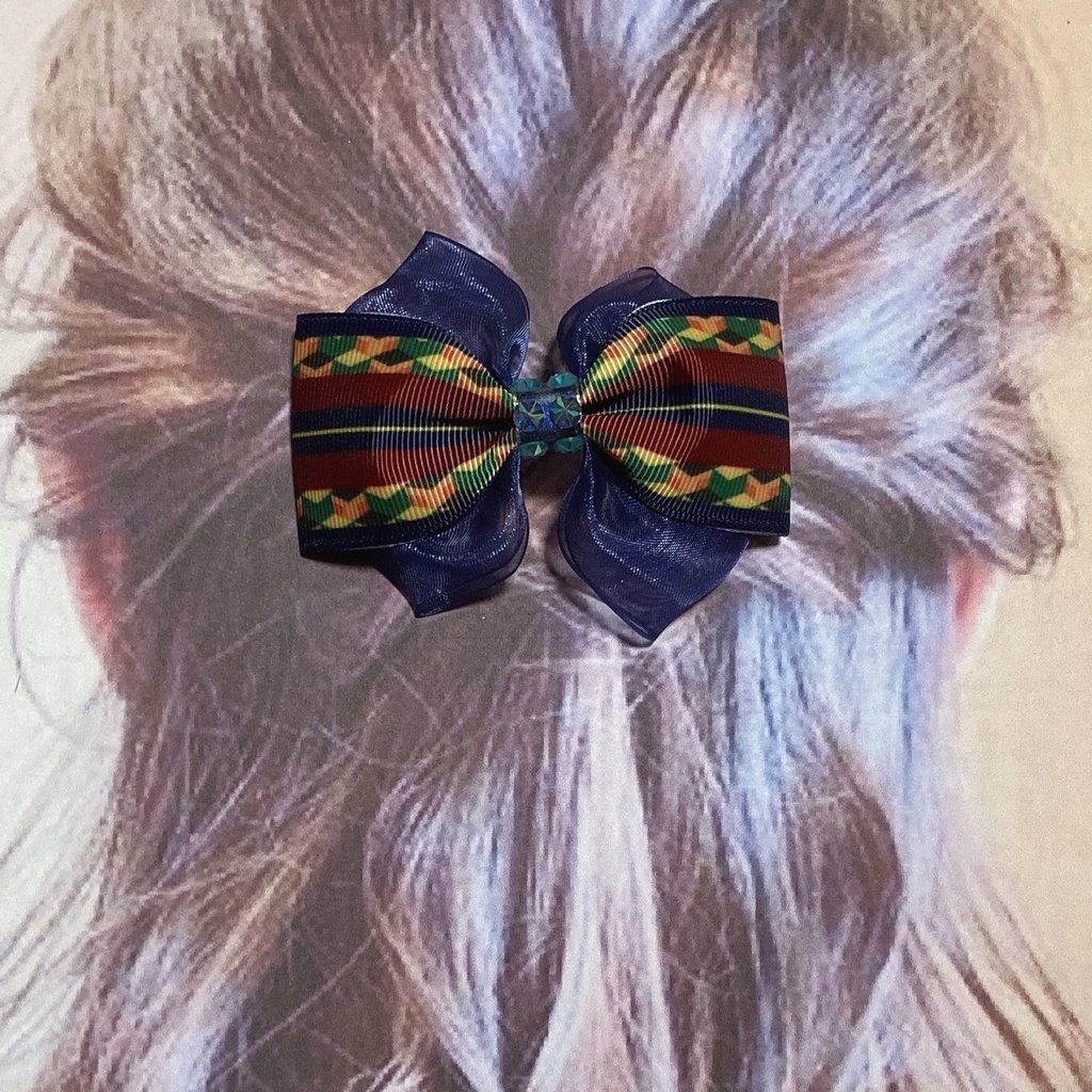 繰り返し使える!きれい かわいい ♪ オーガンジー と 和柄 リボン の キッズ ヘアゴム ヘアクリップ 亀甲柄 ネイビー