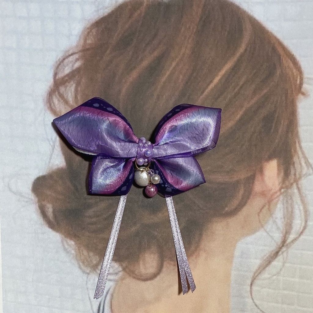 繰り返し使える!きれい かわいい ♪ パール と オーガンジー ・ 和柄 リボン の 蝶々 キッズ ヘアゴム ヘアクリップ 紫