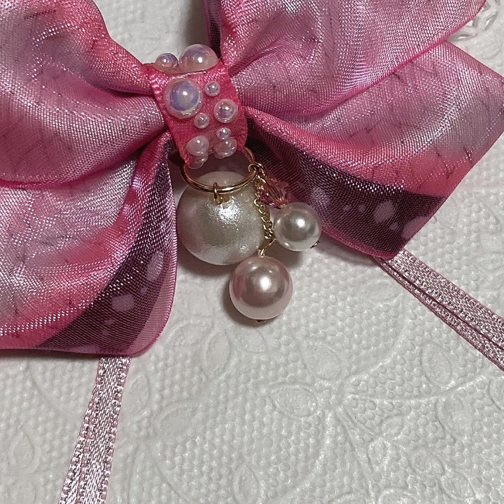 繰り返し使える!きれい かわいい ♪ パール と オーガンジー ・ 和柄 リボン の 蝶々 キッズ ヘアゴム ヘアクリップ ピンク