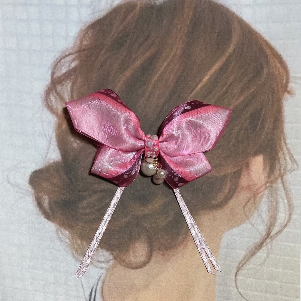繰り返し使える!きれい かわいい ♪ パール と オーガンジー ・ 和柄 リボン の 蝶々 キッズ ヘアゴム ヘアクリップ ピンク