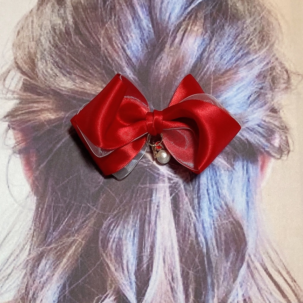 プリンセス♪サテン・オーガンジーリボンとコットンパール、スワロフスキーのふんわりヘアクリップ バレッタ ヘアゴム 〜 赤 〜