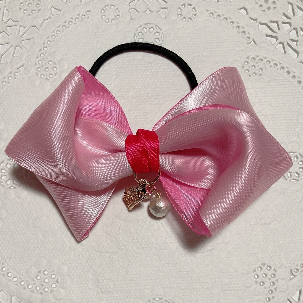 プリンセス♪サテン・オーガンジーリボンとコットンパール、スワロフスキーのふんわりヘアクリップ バレッタ ヘアゴム 〜 ピンク 〜