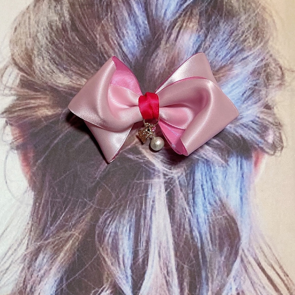 プリンセス♪サテン・オーガンジーリボンとコットンパール、スワロフスキーのふんわりヘアクリップ バレッタ ヘアゴム 〜 ピンク 〜
