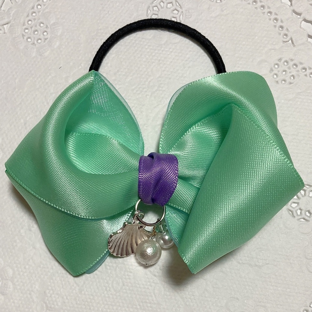 プリンセス♪サテン・オーガンジーリボンとコットンパール、スワロフスキーのふんわりヘアクリップ バレッタ ヘアゴム 〜 ミント 〜