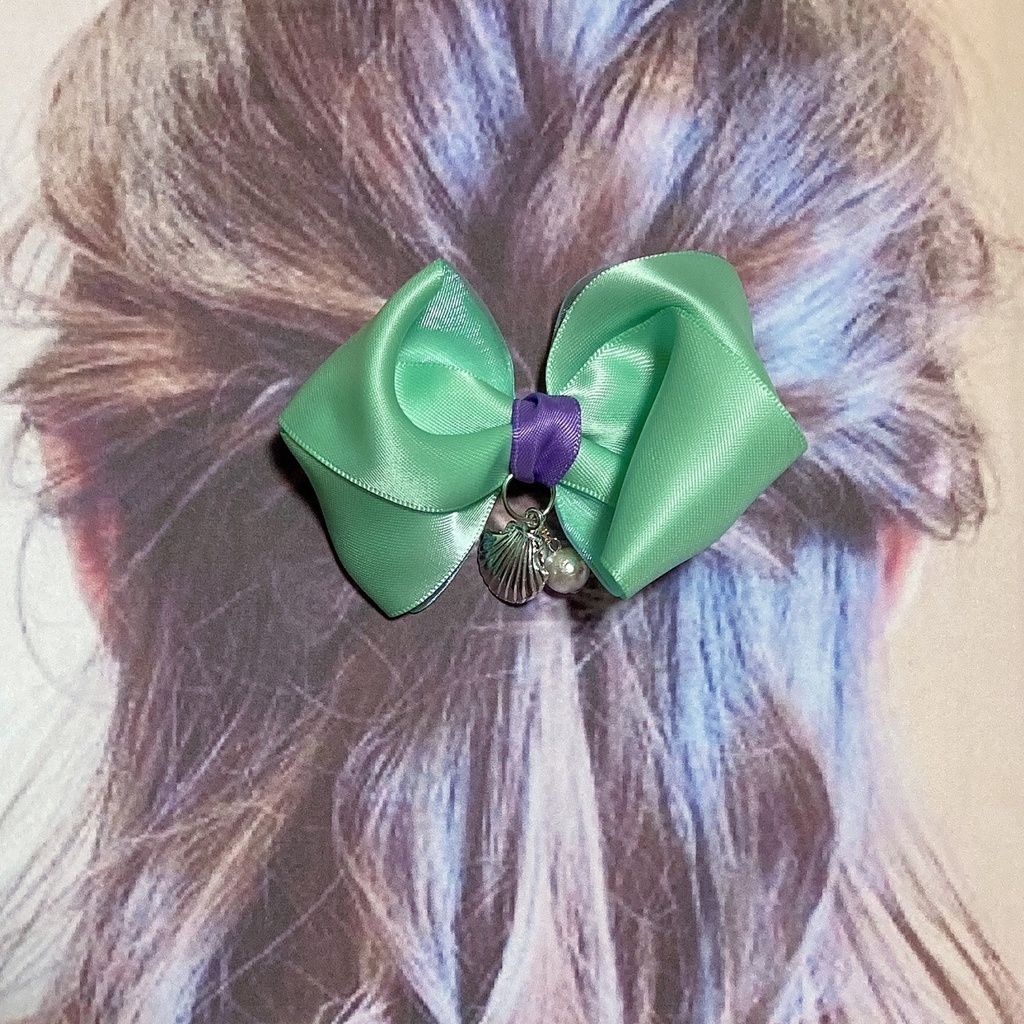 プリンセス♪サテン・オーガンジーリボンとコットンパール、スワロフスキーのふんわりヘアクリップ バレッタ ヘアゴム 〜 ミント 〜