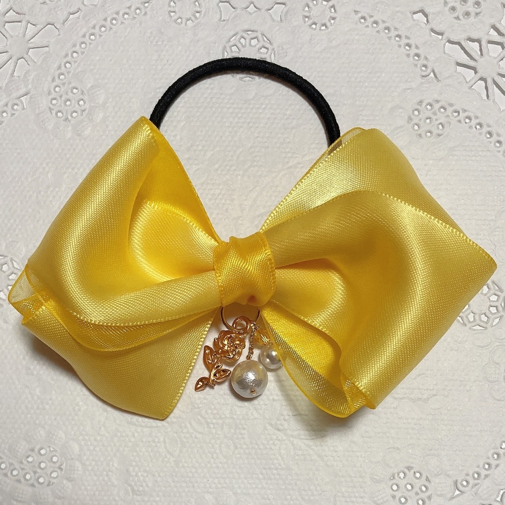 プリンセス♪サテン・オーガンジーリボンとコットンパール、スワロフスキーのふんわりヘアクリップ バレッタ ヘアゴム 〜 イエロー 〜