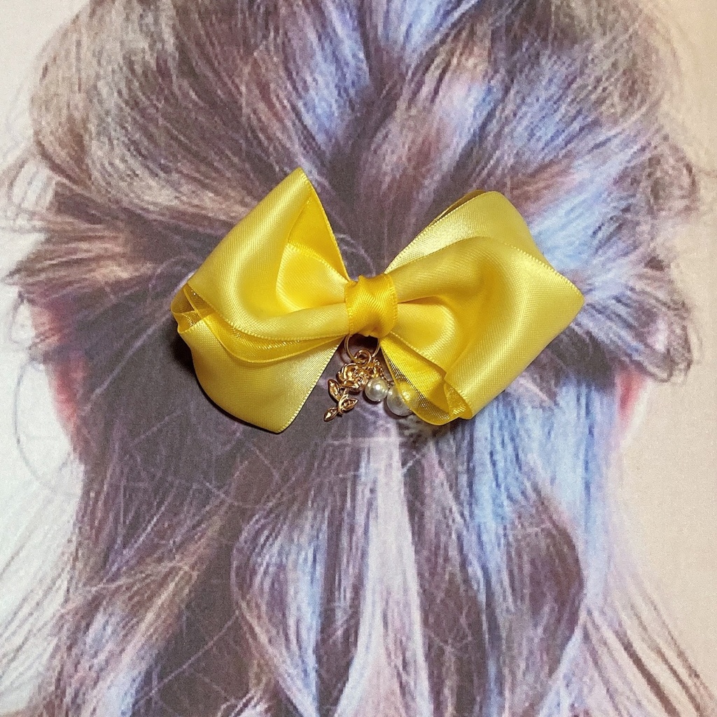 プリンセス♪サテン・オーガンジーリボンとコットンパール、スワロフスキーのふんわりヘアクリップ バレッタ ヘアゴム 〜 イエロー 〜