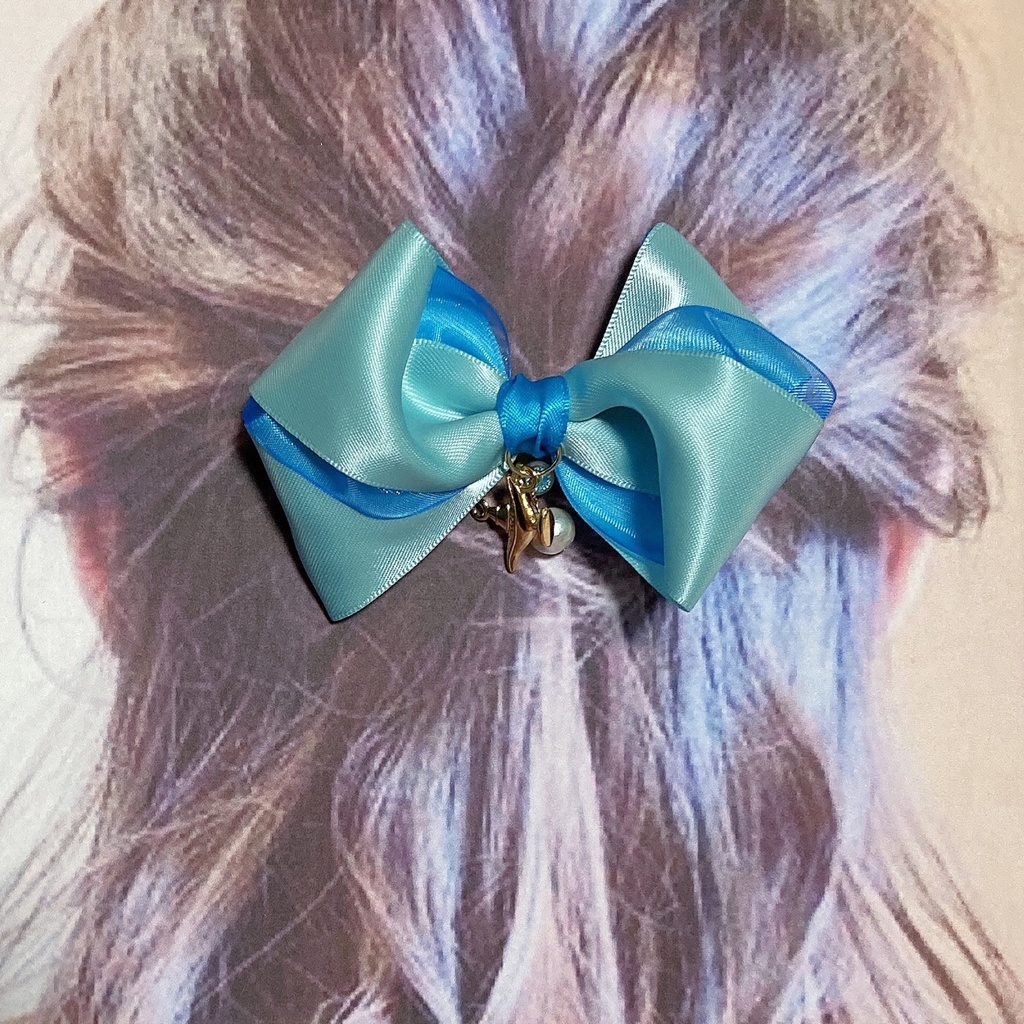 プリンセス♪サテン・オーガンジーリボンとコットンパール、スワロフスキーのふんわりヘアクリップ バレッタ ヘアゴム 〜 ターコイズ 〜