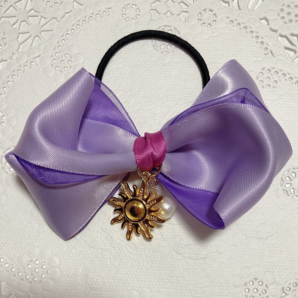 プリンセス♪サテン・オーガンジーリボンとコットンパール、スワロフスキーのふんわりヘアクリップ バレッタ ヘアゴム 〜 パープル 〜
