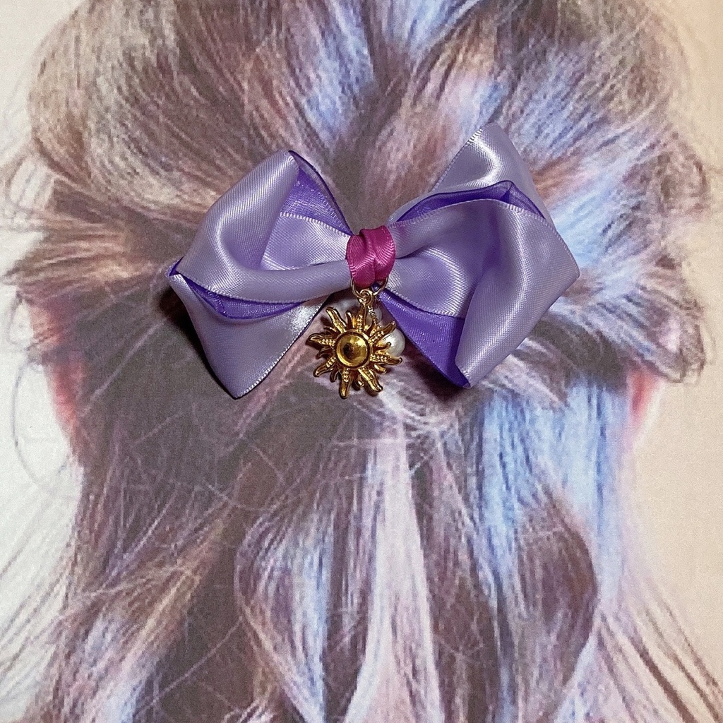 プリンセス♪サテン・オーガンジーリボンとコットンパール、スワロフスキーのふんわりヘアクリップ バレッタ ヘアゴム 〜 パープル 〜