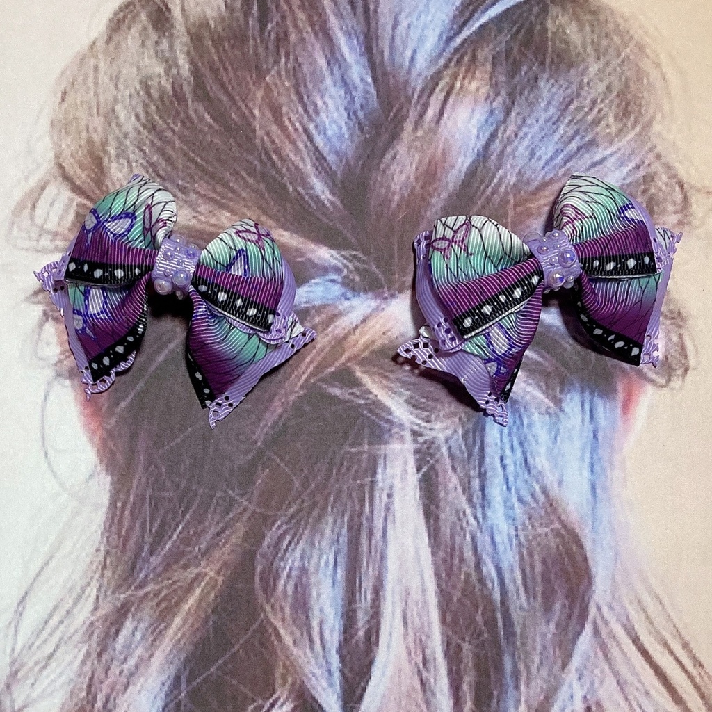 2個 セット♡ 繰り返し使える! パール と 和柄・レース リボン の ヘアゴム ヘアクリップ 蝶々 パープル