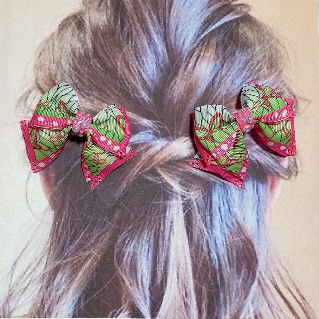 2個 セット♡ 繰り返し使える! パール と 和柄・レース リボン の ヘアゴム ヘアクリップ 蝶々 ピンク