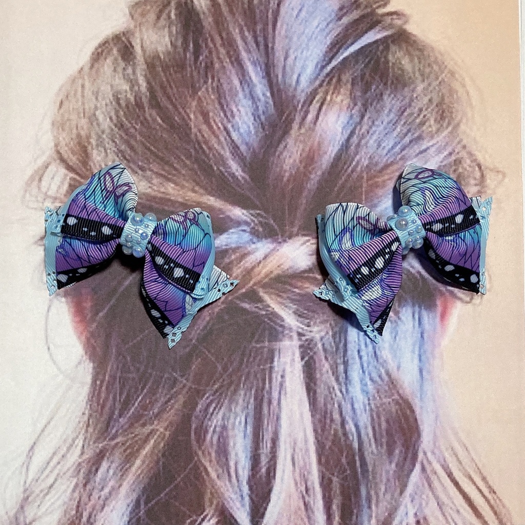 2個 セット♡ 繰り返し使える! パール と 和柄・レース リボン の ヘアゴム ヘアクリップ 蝶々 青