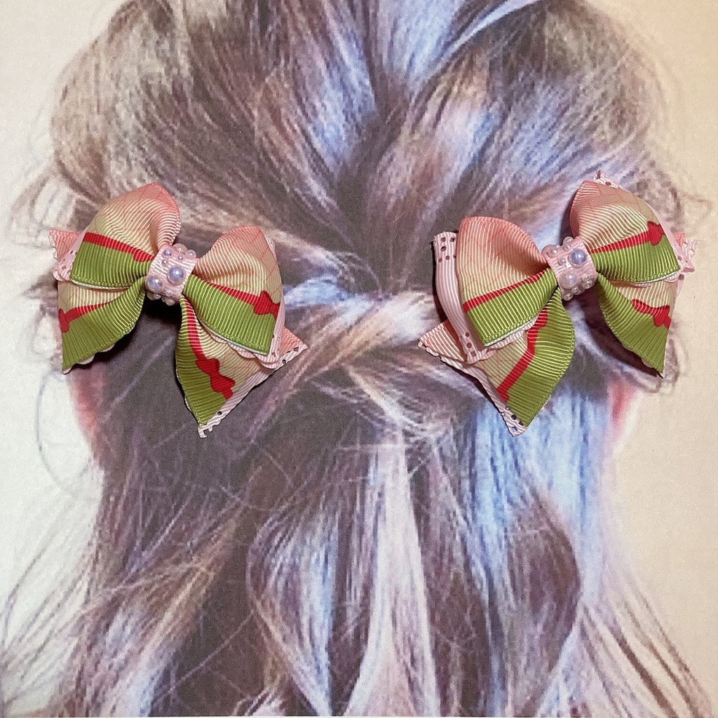 2個 セット♡ 繰り返し使える! パール と 和柄・レース リボン の ヘアゴム ヘアクリップ 桜 ピンク