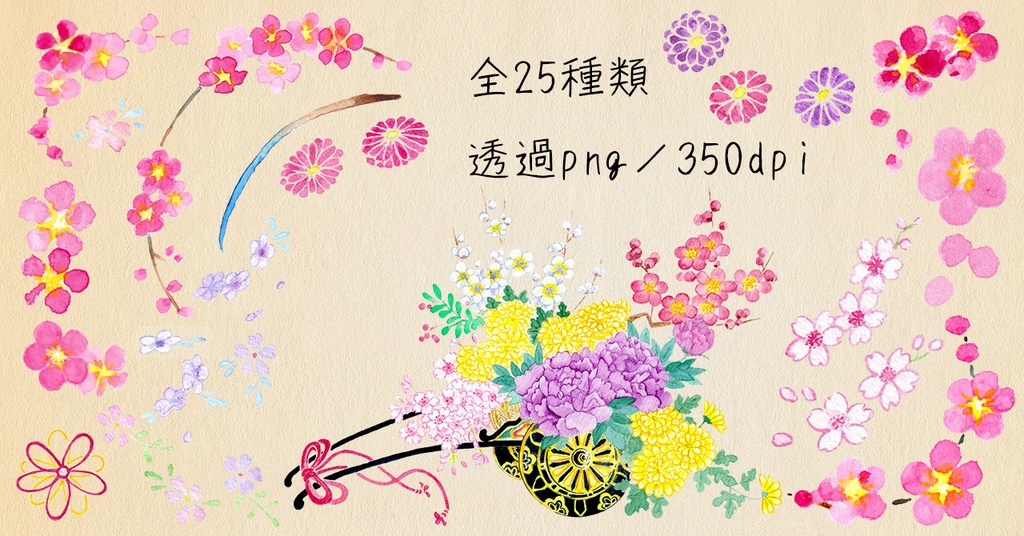 水彩素材22 花車の和柄セット