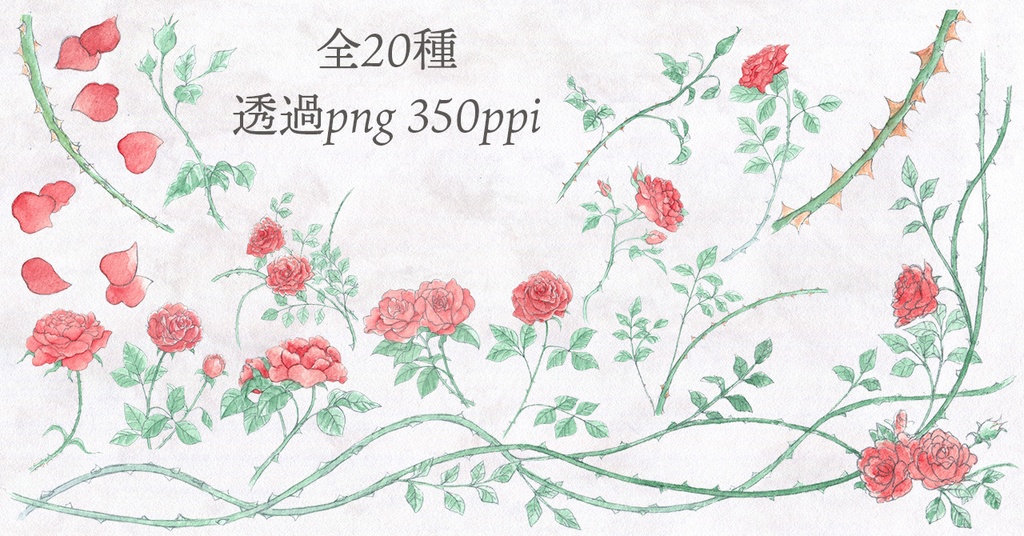 水彩素材52 赤薔薇と荊セット
