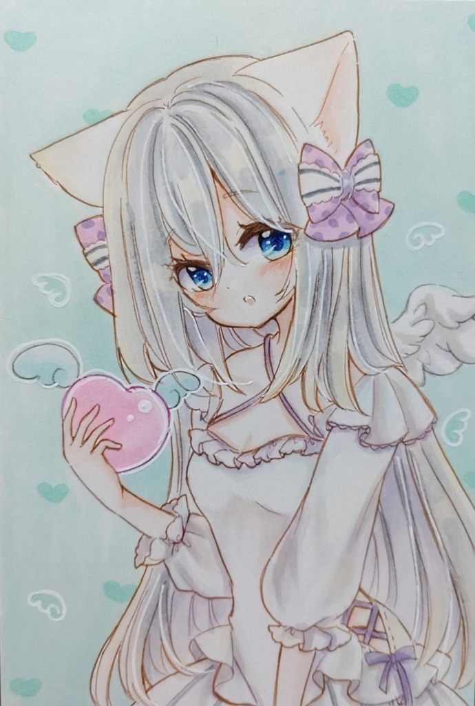 ハート天使キャットちゃん　手描きイラスト