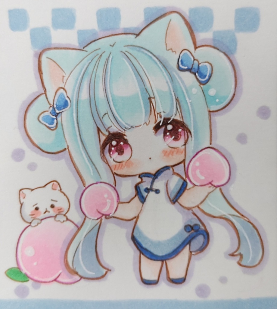 桃ニャンコちゃん　手描きイラスト