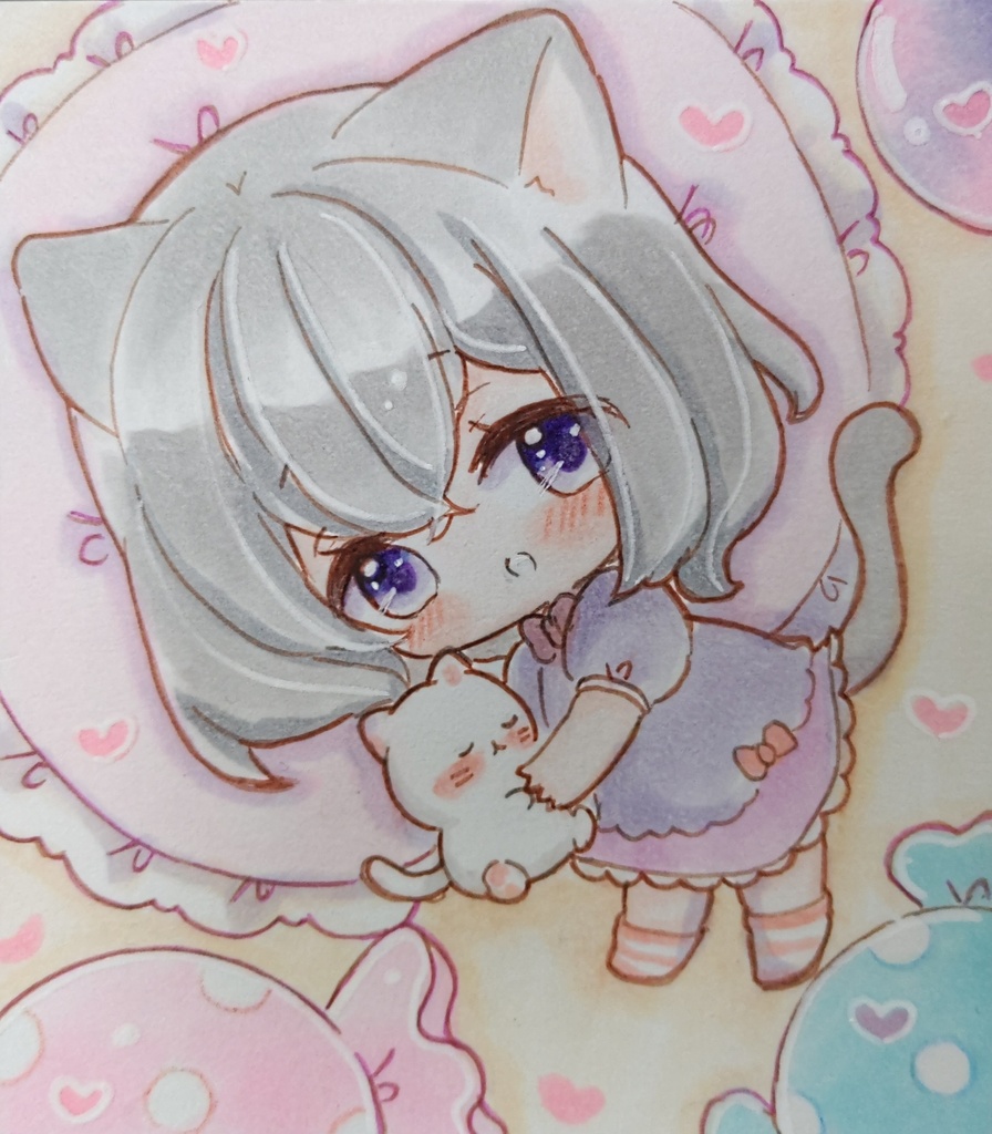 ミニチュア猫ちゃんお昼寝　手描きイラスト