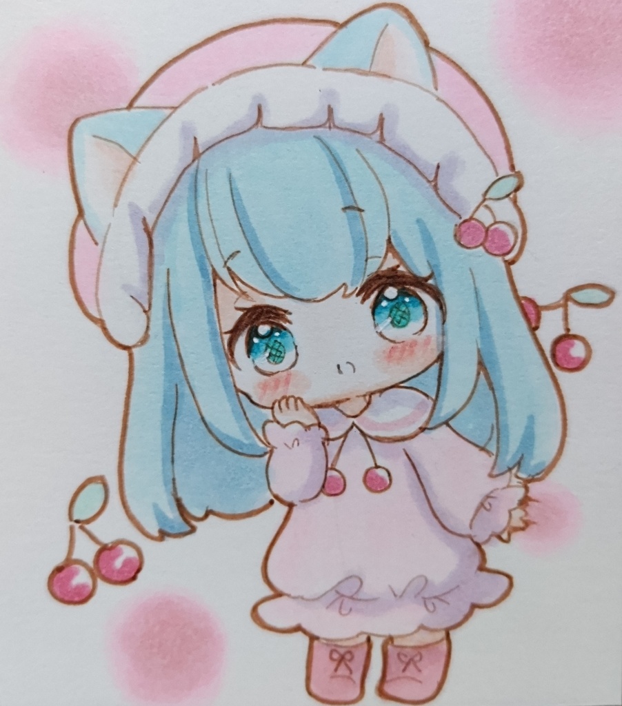 ちびネコちゃんお出かけコーデ　手描きイラスト