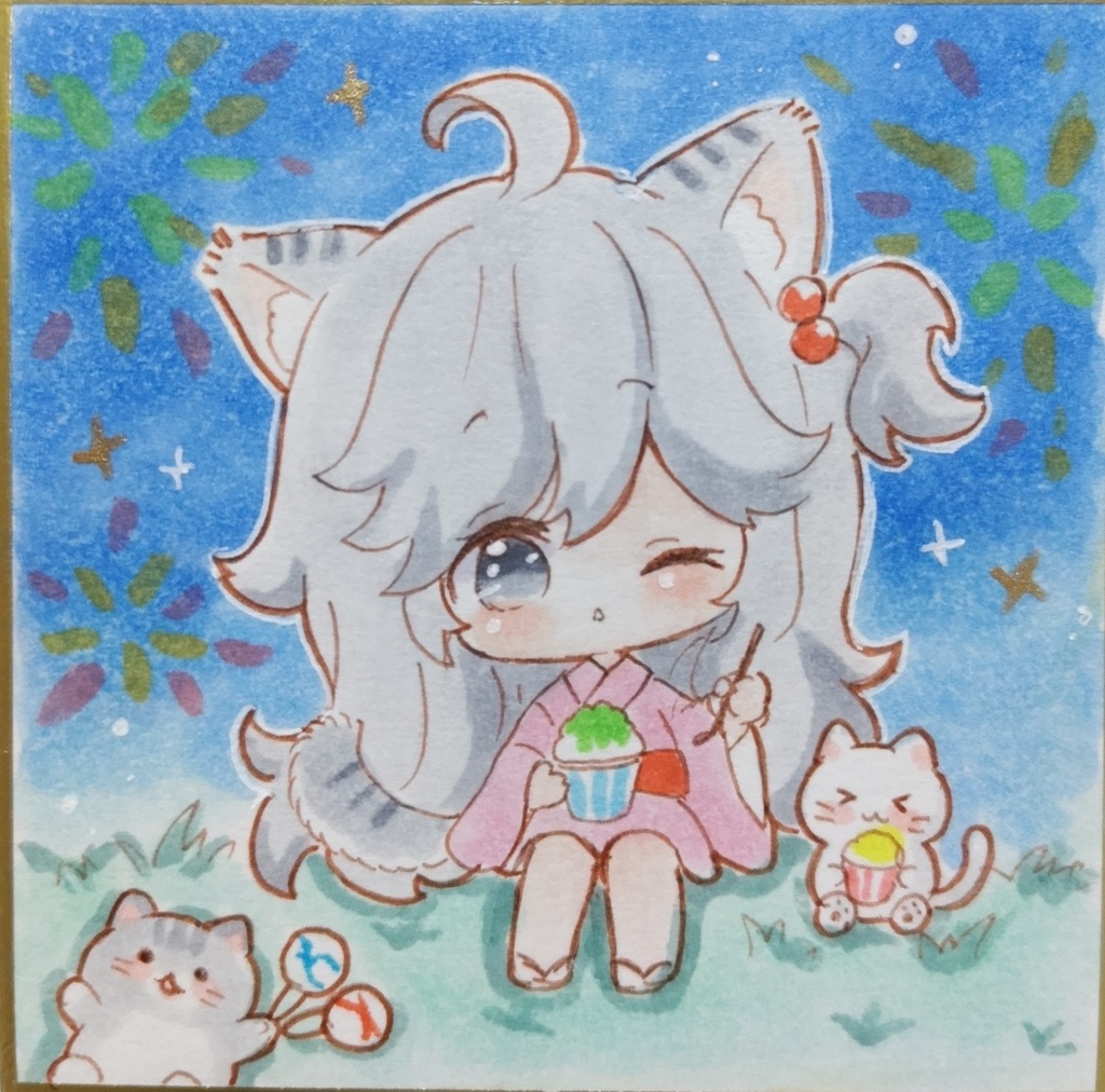 花火とねこちゃん　手描きイラスト