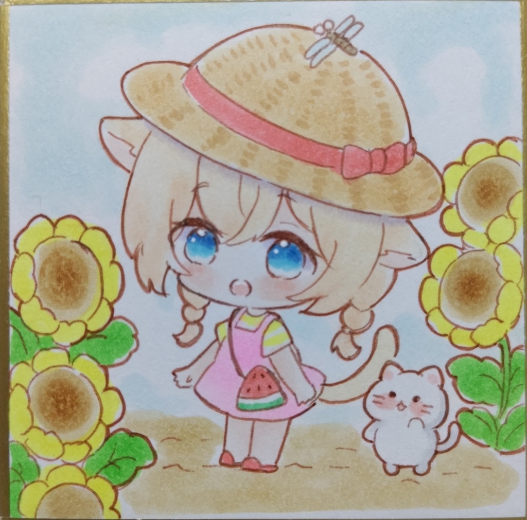 ひまわりとねこちゃん　手描きイラスト