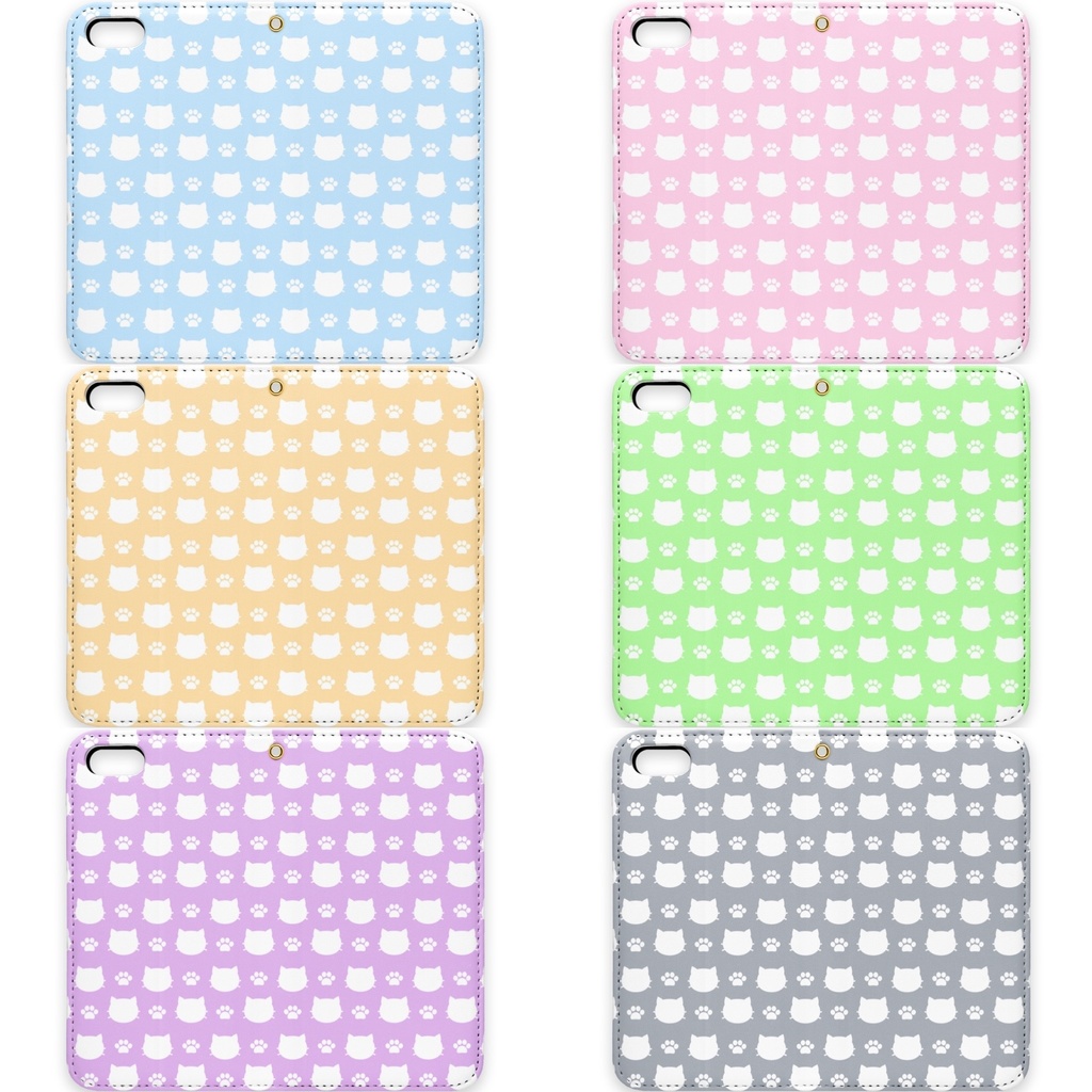 猫と肉球の手帳型iPhoneケース(ベルトなし) - パープル