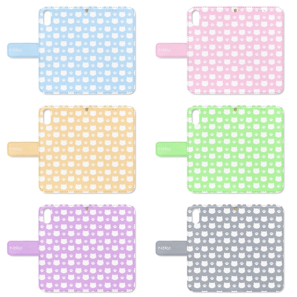 猫と肉球の手帳型iPhoneケース(ベルトあり) - スカイブルー