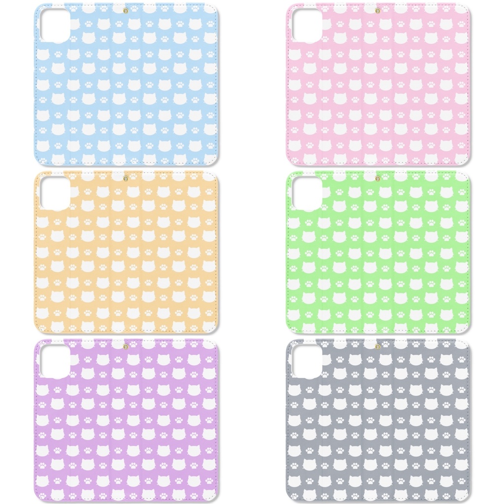 猫と肉球の手帳型iPhoneケース(ベルトなし) - パープル