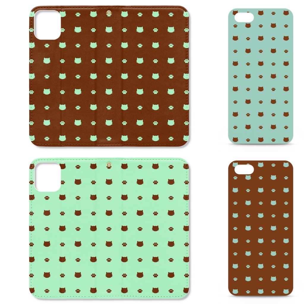 猫と肉球の手帳型iPhoneケース(ベルトなし) - チョコミント/チョコ多め