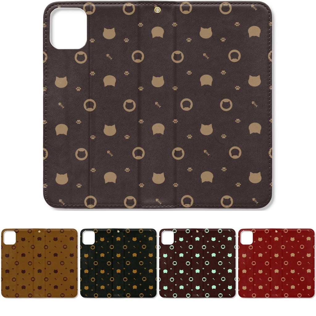 猫と肉球、時々おさかなのモノグラム 手帳型iPhoneケース 手帳型スマホケース ベルトなし ストラップホールあり - ミルクチョコ