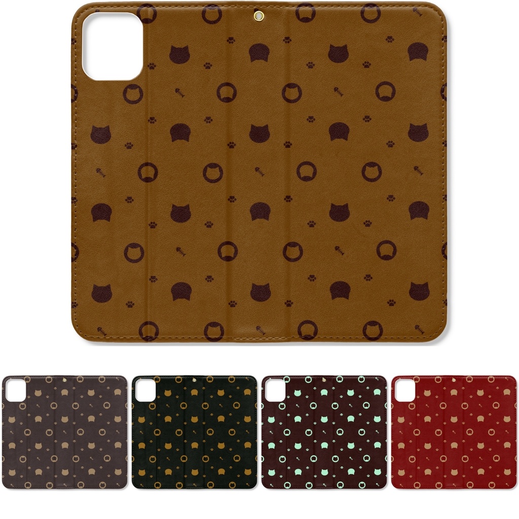 猫と肉球、時々おさかなのモノグラム 手帳型iPhoneケース 手帳型スマホケース ベルトなし ストラップホールあり - チョコチップ