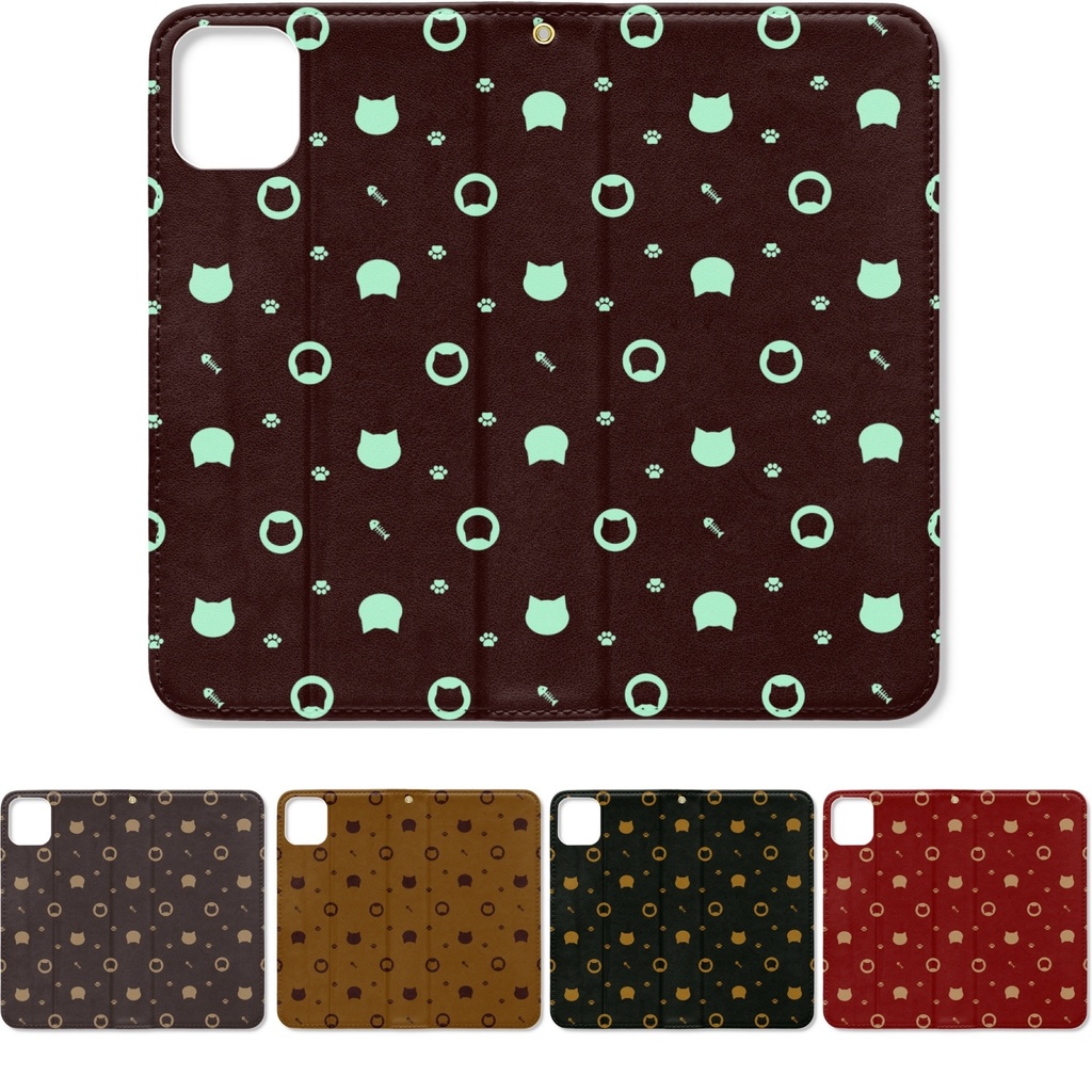 猫と肉球、時々おさかなのモノグラム 手帳型iPhoneケース 手帳型スマホケース ベルトなし ストラップホールあり - チョコミント