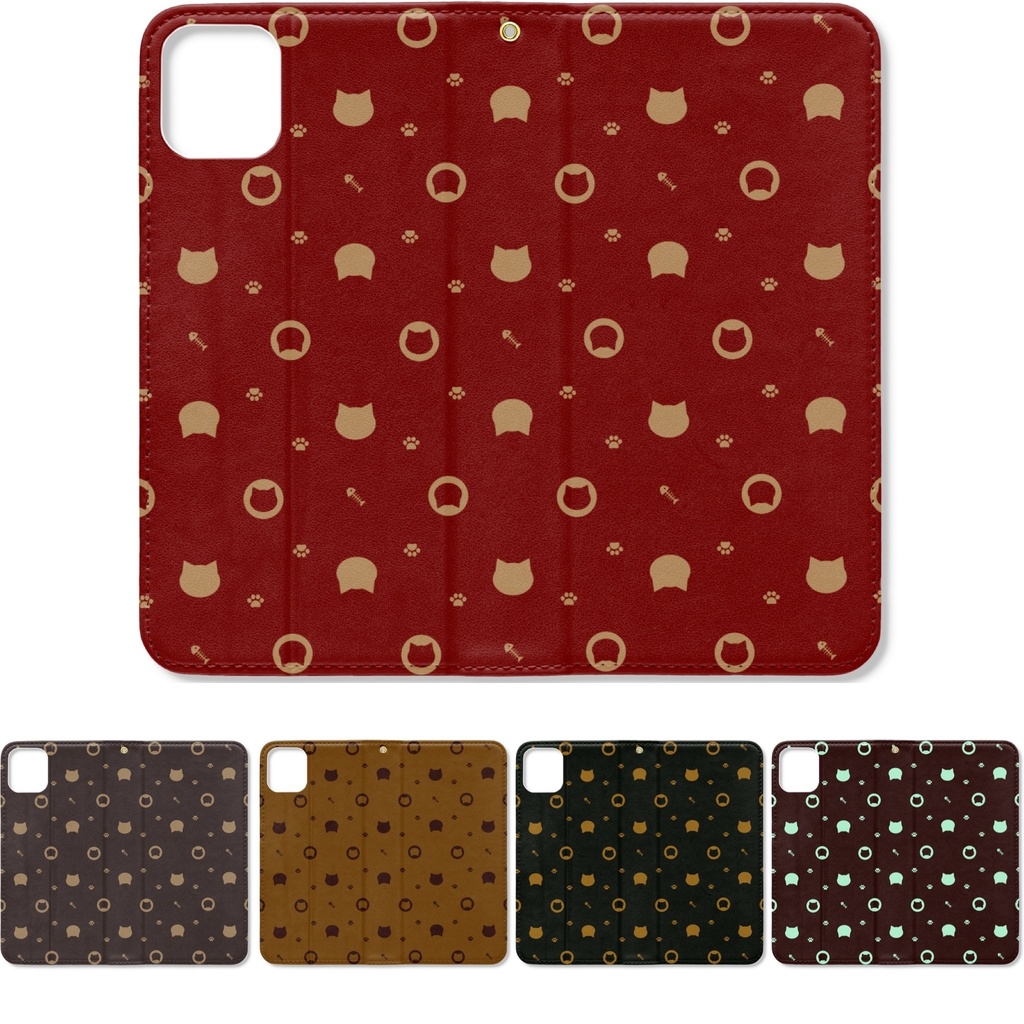 猫と肉球、時々おさかなのモノグラム iPhoneケース 手帳型iPhoneケース 手帳型スマホケース ベルトなし ストラップホールあり - ニルヴァナ