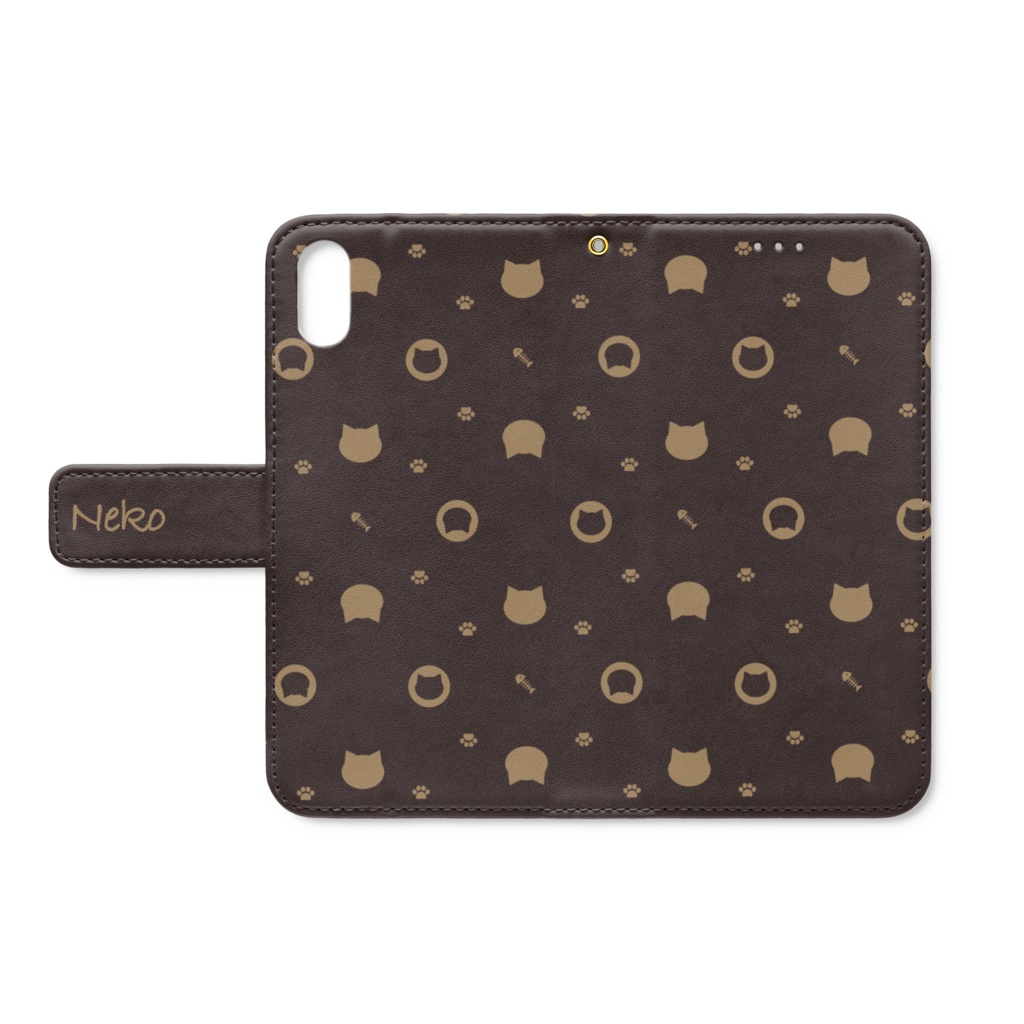 猫と肉球、時々おさかなのモノグラム 手帳型iPhoneケース 手帳型スマホケース チョコレートカラー ベルト・ストラップホールあり