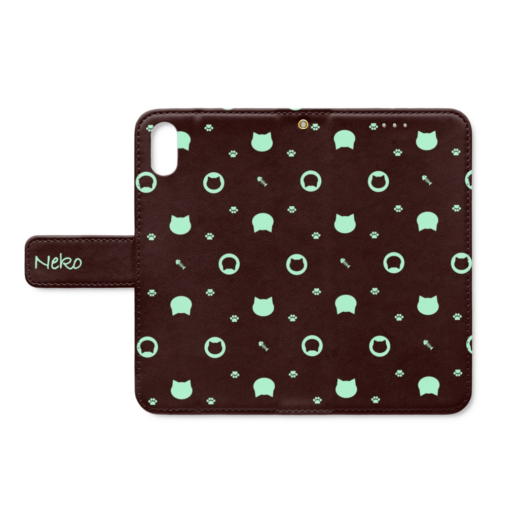 猫と肉球、時々おさかなのモノグラム 手帳型iPhoneケース 手帳型スマホケース チョコレートカラー ベルト・ストラップホールあり