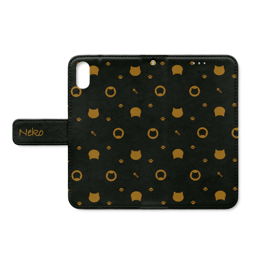 猫と肉球、時々おさかなのモノグラム 手帳型iPhoneケース 手帳型スマホケース チョコレートカラー ベルト・ストラップホールあり